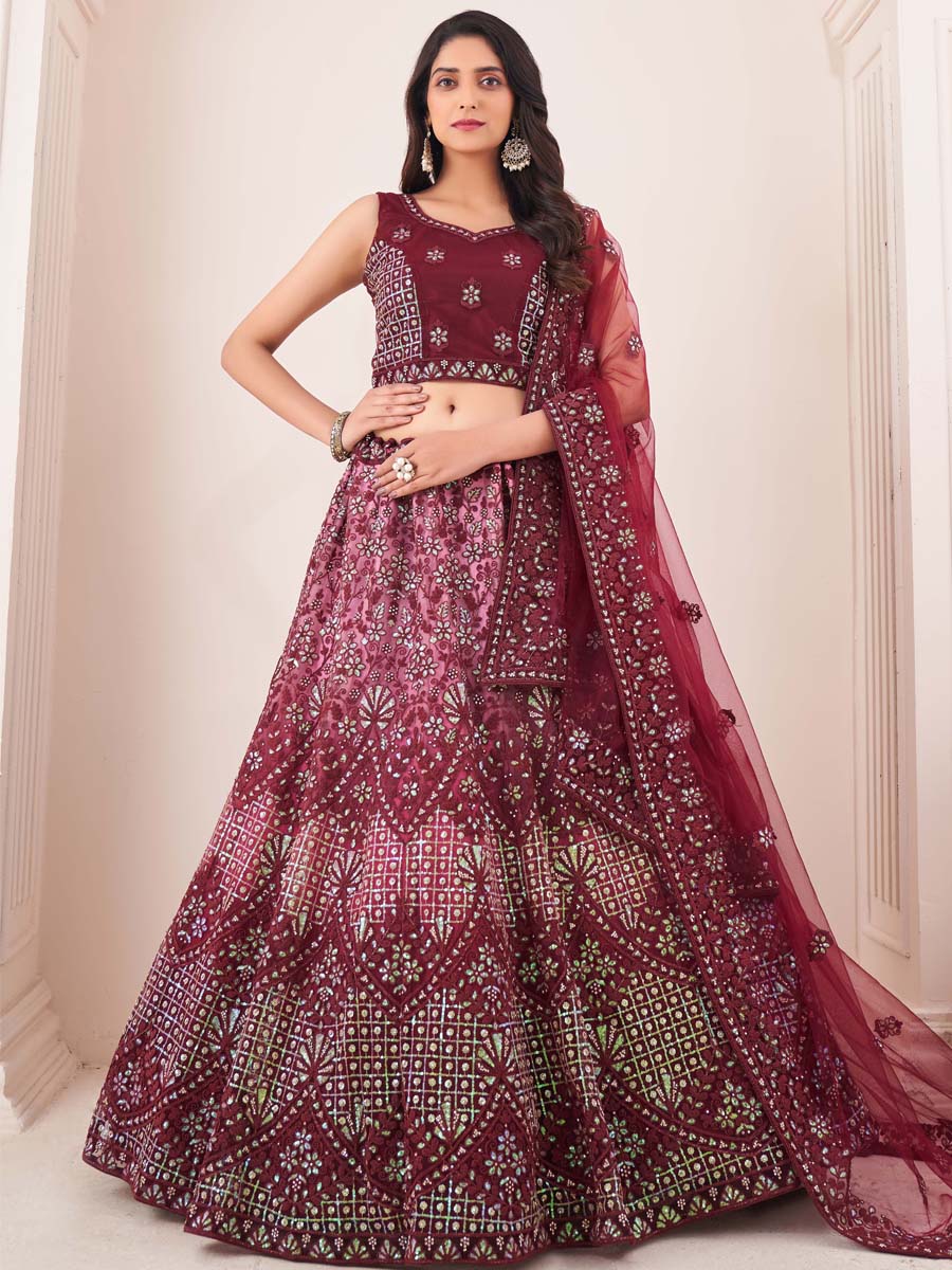 Burgundy Soft Net Embroidered Engagement Wedding Heavy Border Lehenga Choli