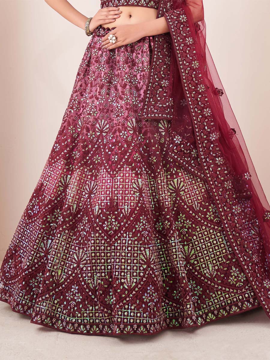 Burgundy Soft Net Embroidered Engagement Wedding Heavy Border Lehenga Choli