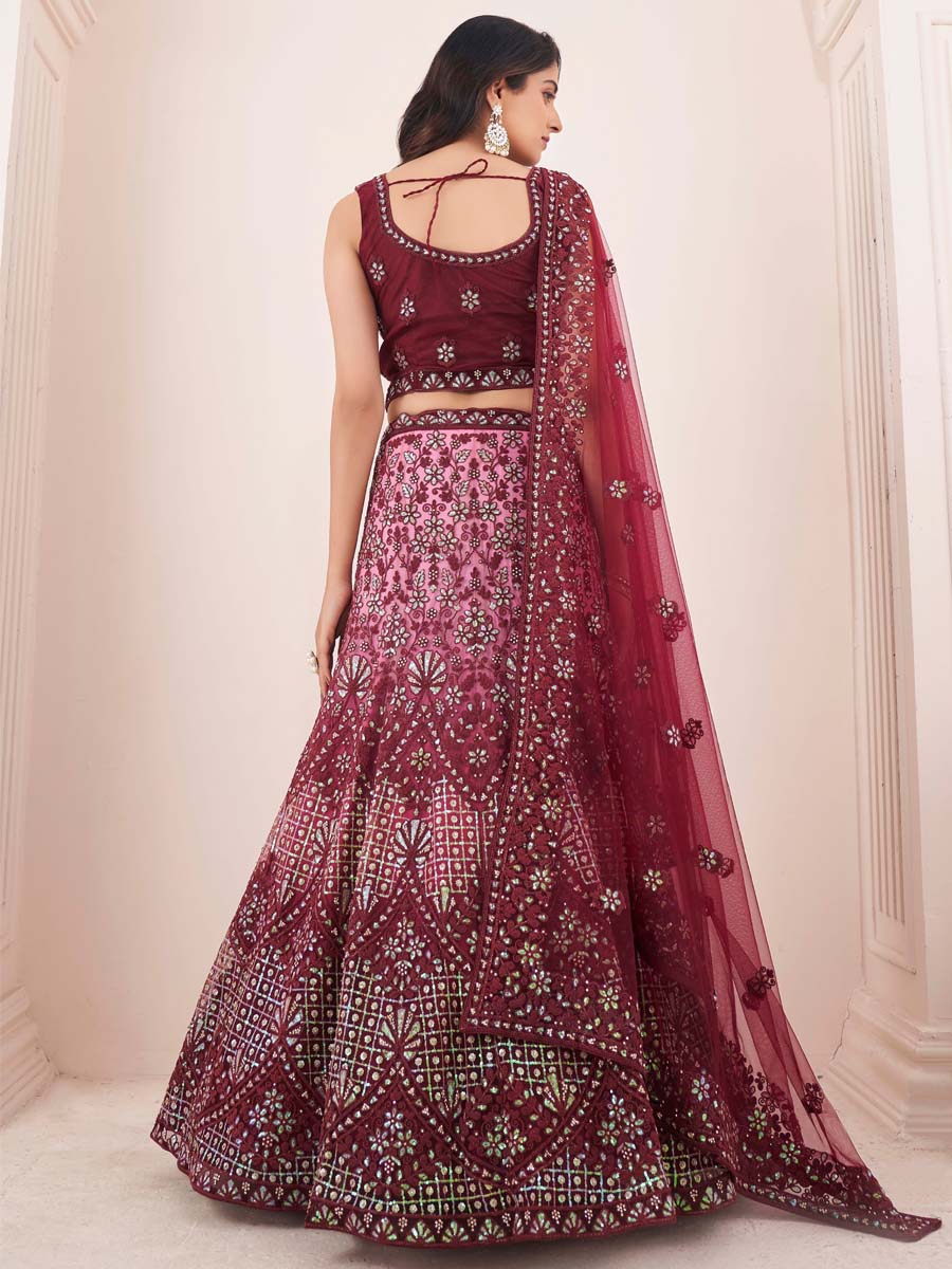 Burgundy Soft Net Embroidered Engagement Wedding Heavy Border Lehenga Choli