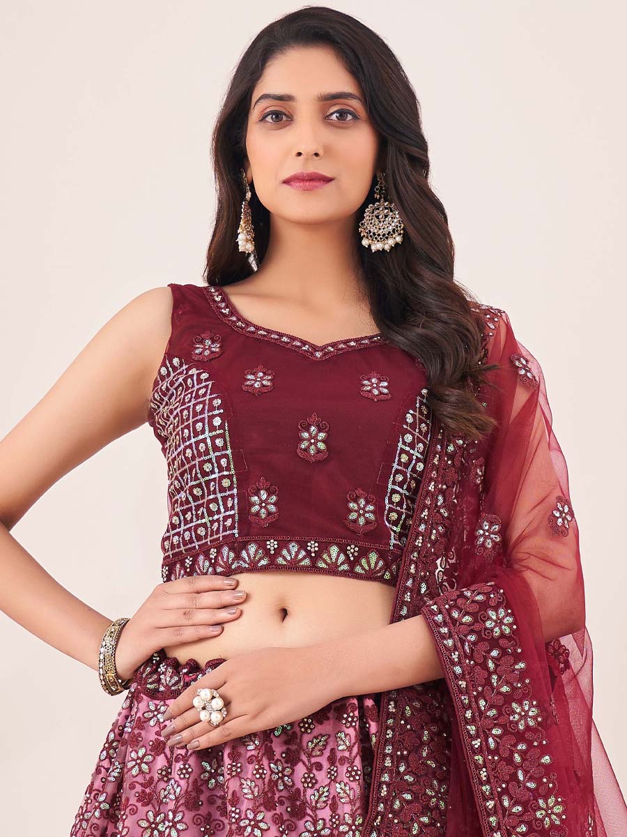 Burgundy Soft Net Embroidered Engagement Wedding Heavy Border Lehenga Choli