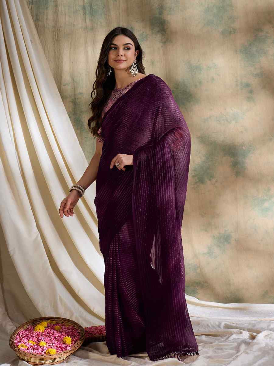 Burgundy Sparkle Lining Silk Printed Casual Reception Festival Wedding Fancy Classic Style Sarees