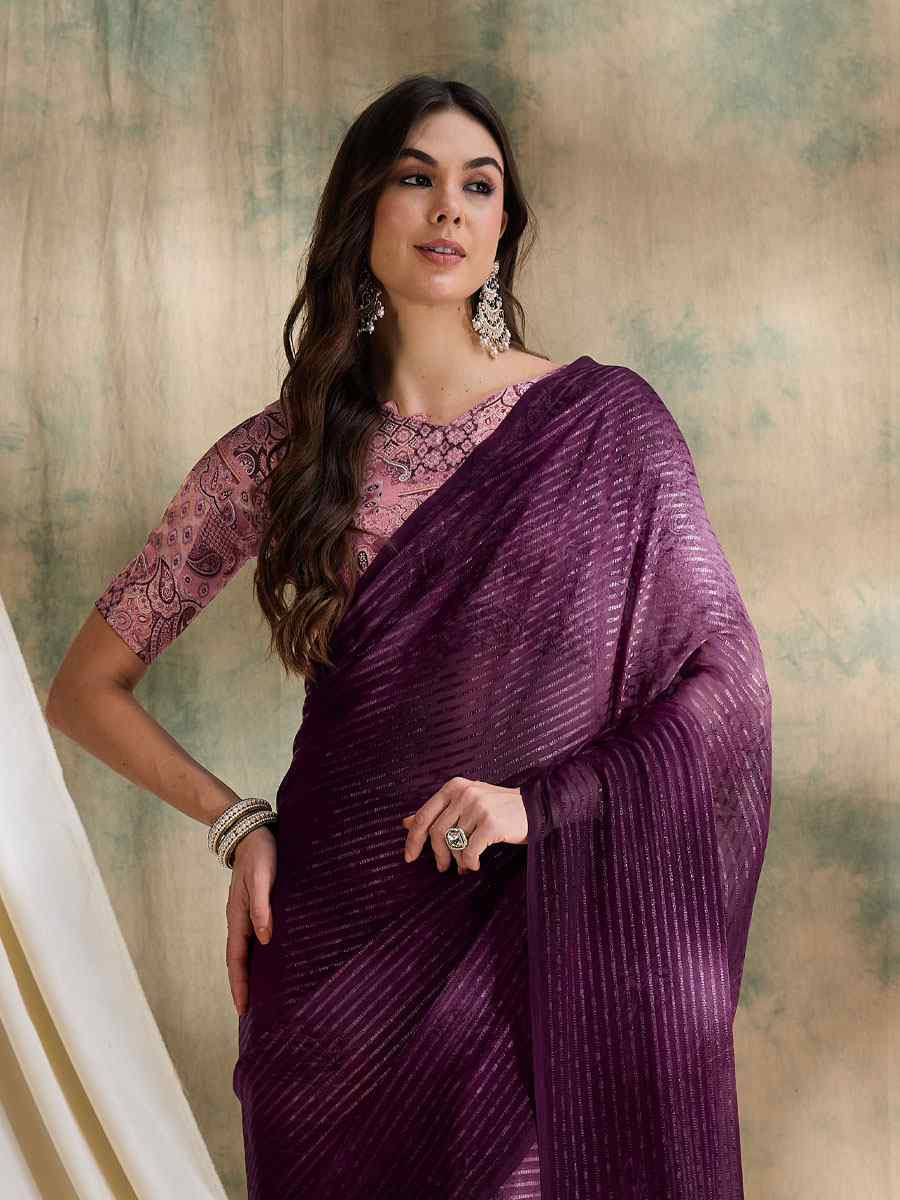 Burgundy Sparkle Lining Silk Printed Casual Reception Festival Wedding Fancy Classic Style Sarees