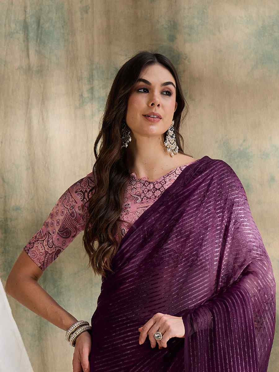 Burgundy Sparkle Lining Silk Printed Casual Reception Festival Wedding Fancy Classic Style Sarees