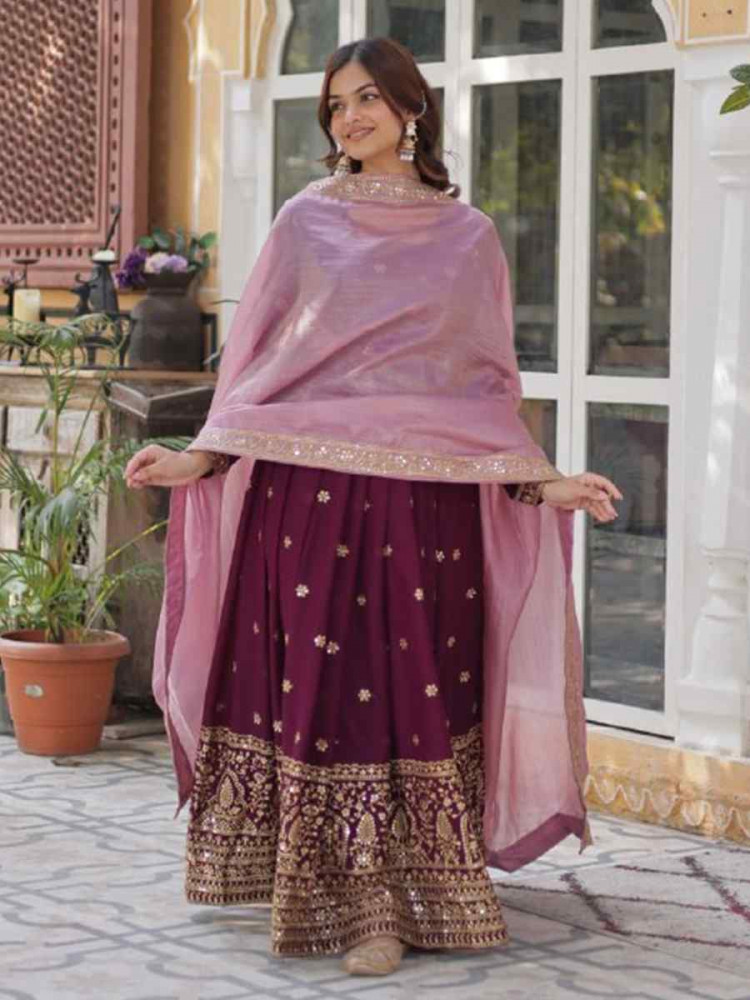 Burgundy Star Georgette Embroidered Festival Party Gown