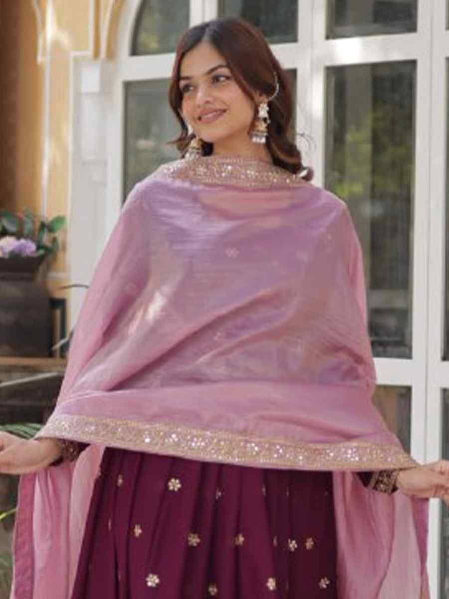 Burgundy Star Georgette Embroidered Festival Party Gown
