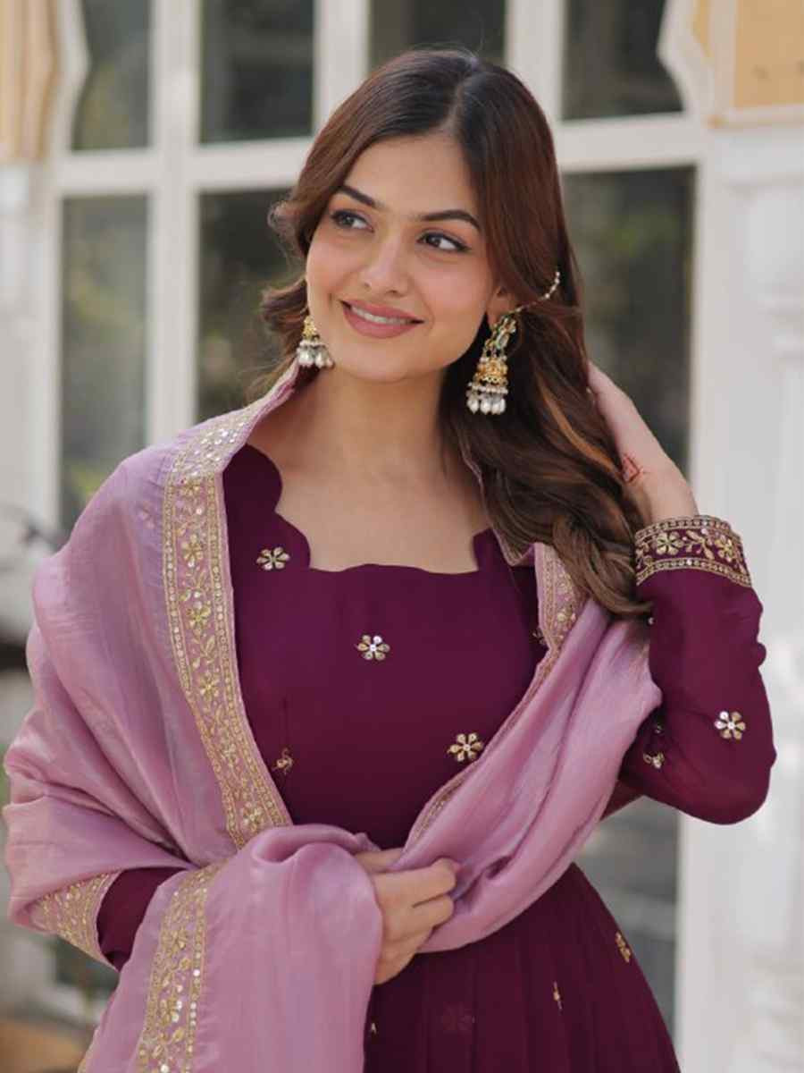 Burgundy Star Georgette Embroidered Festival Party Gown