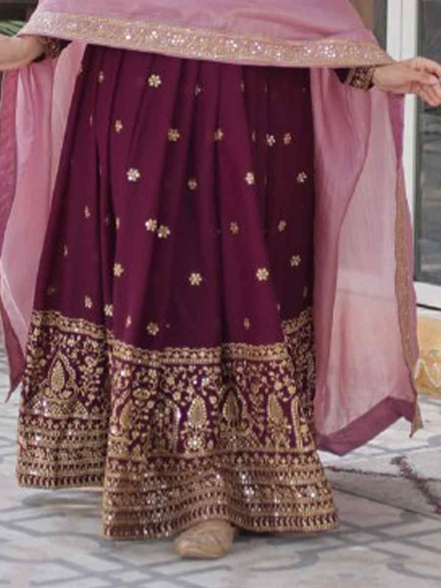 Burgundy Star Georgette Embroidered Festival Party Gown