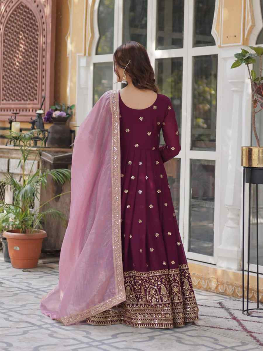 Burgundy Star Georgette Embroidered Festival Party Gown