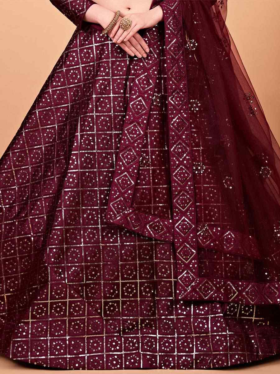 Burgundy Tabby Silk Embroidered Festival Wedding Circular Lehenga Choli