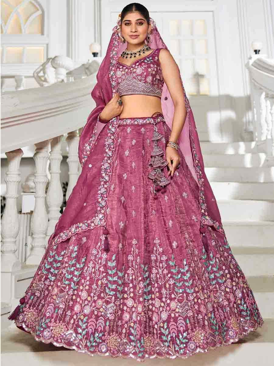 Burgundy Tissue Embroidered Reception Wedding Heavy Border Lehenga Choli