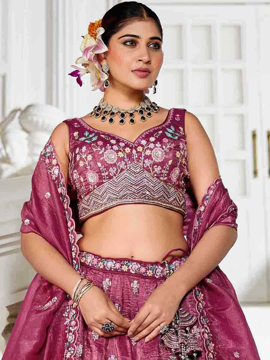 Burgundy Tissue Embroidered Reception Wedding Heavy Border Lehenga Choli