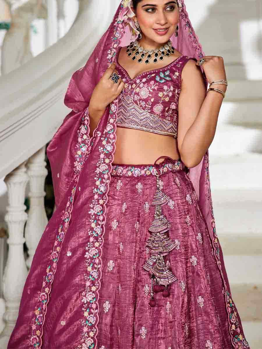 Burgundy Tissue Embroidered Reception Wedding Heavy Border Lehenga Choli