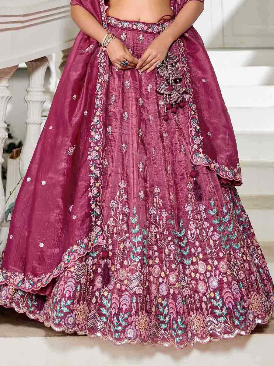 Burgundy Tissue Embroidered Reception Wedding Heavy Border Lehenga Choli