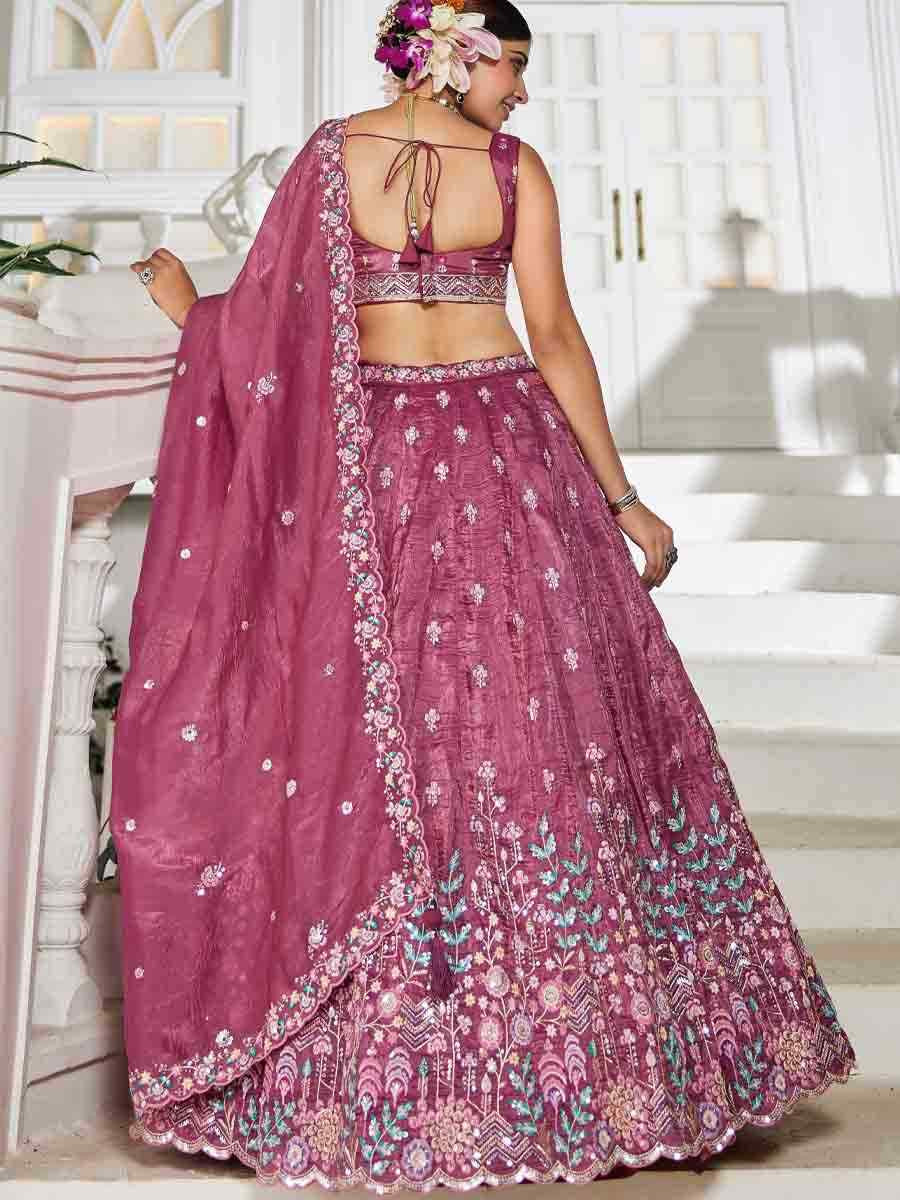Burgundy Tissue Embroidered Reception Wedding Heavy Border Lehenga Choli
