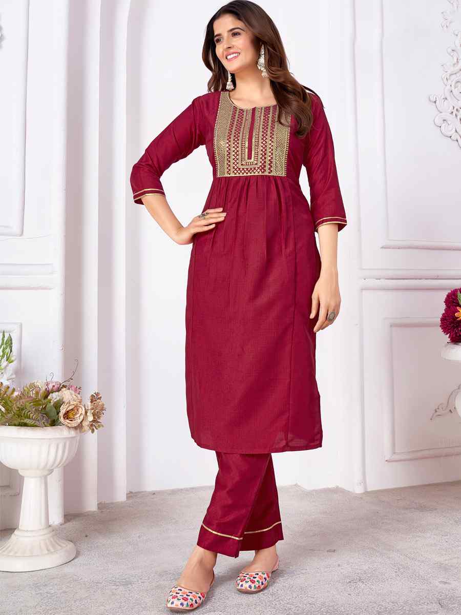 Burgundy Vertical Silk Embroidered Festival Casual Ready Pant Salwar Kameez