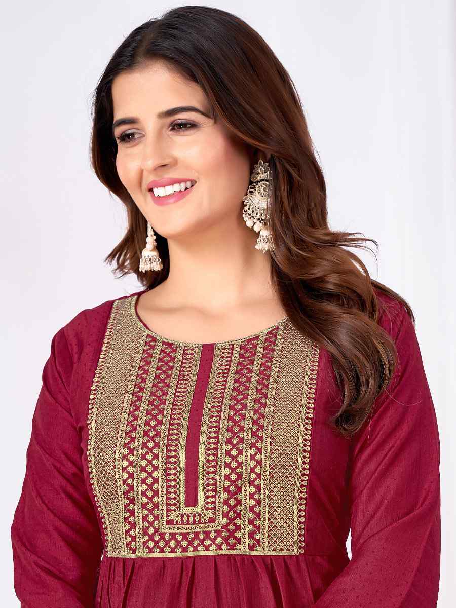 Burgundy Vertical Silk Embroidered Festival Casual Ready Pant Salwar Kameez