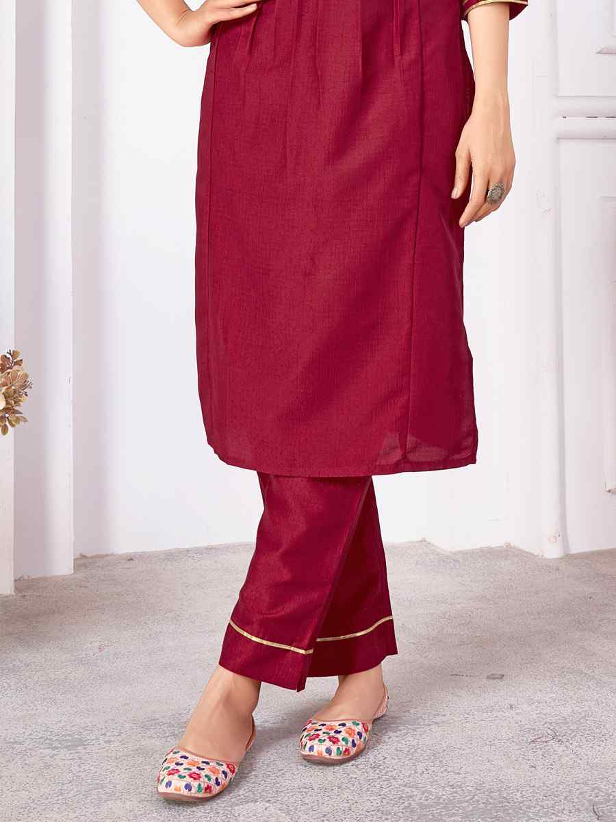 Burgundy Vertical Silk Embroidered Festival Casual Ready Pant Salwar Kameez