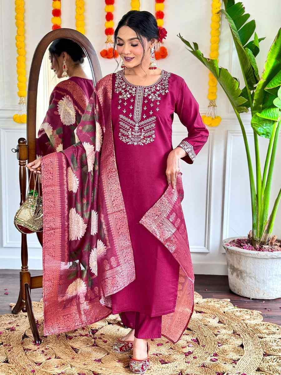 Burgundy Viscose Chanderi Embroidery Party Wedding Festival Casual Ready Pant Salwar Kameez