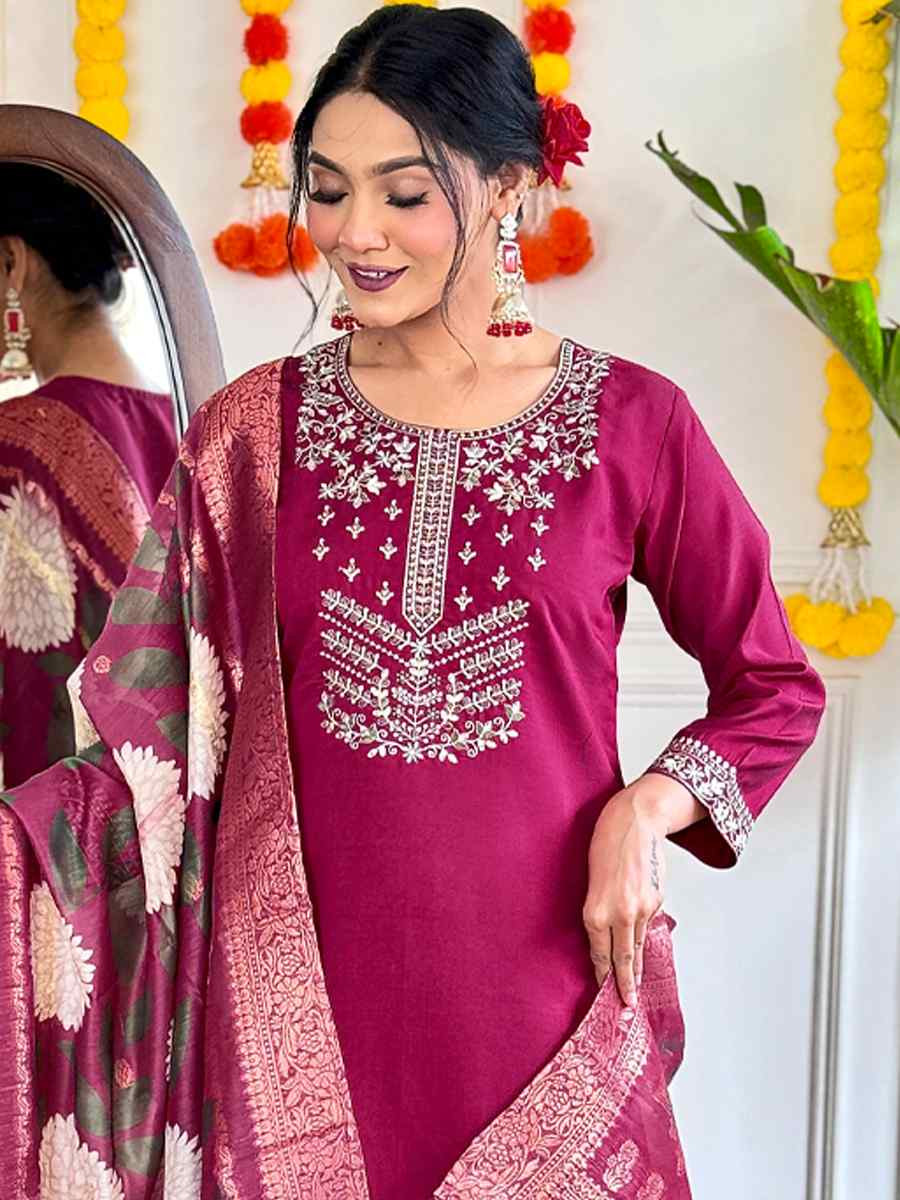 Burgundy Viscose Chanderi Embroidery Party Wedding Festival Casual Ready Pant Salwar Kameez