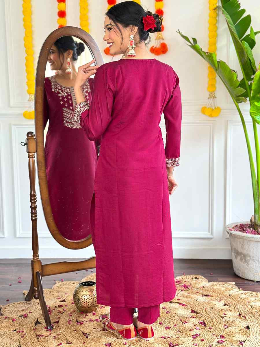Burgundy Viscose Chanderi Embroidery Party Wedding Festival Casual Ready Pant Salwar Kameez