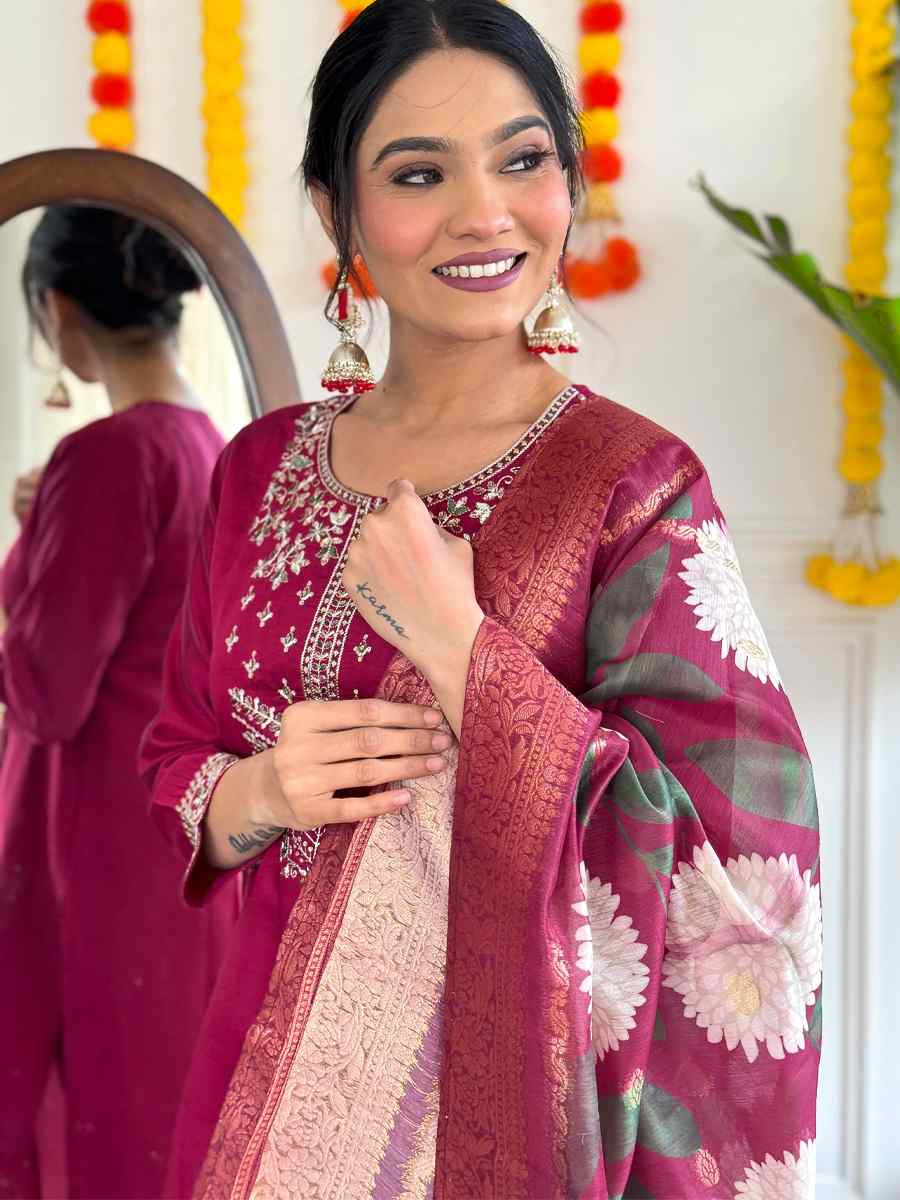 Burgundy Viscose Chanderi Embroidery Party Wedding Festival Casual Ready Pant Salwar Kameez