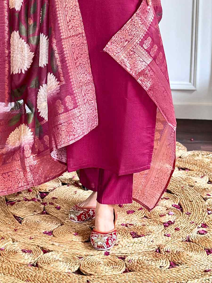 Burgundy Viscose Chanderi Embroidery Party Wedding Festival Casual Ready Pant Salwar Kameez