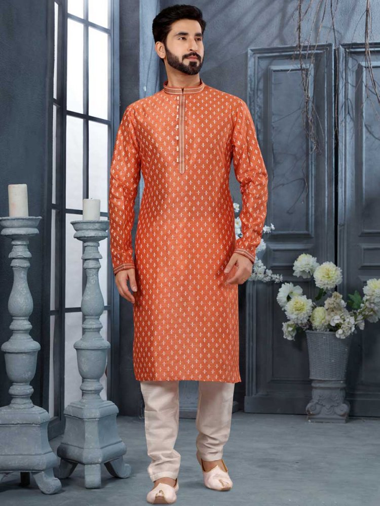 Burnt Orange Silk Embroidered Festival Kurta Set