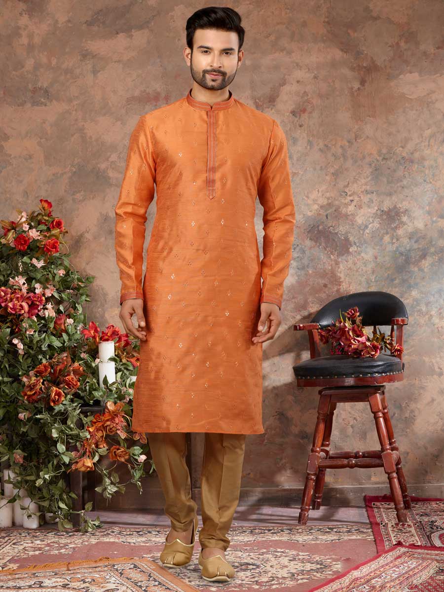 Burnt Orange Silk Embroidered Festival Kurta Set