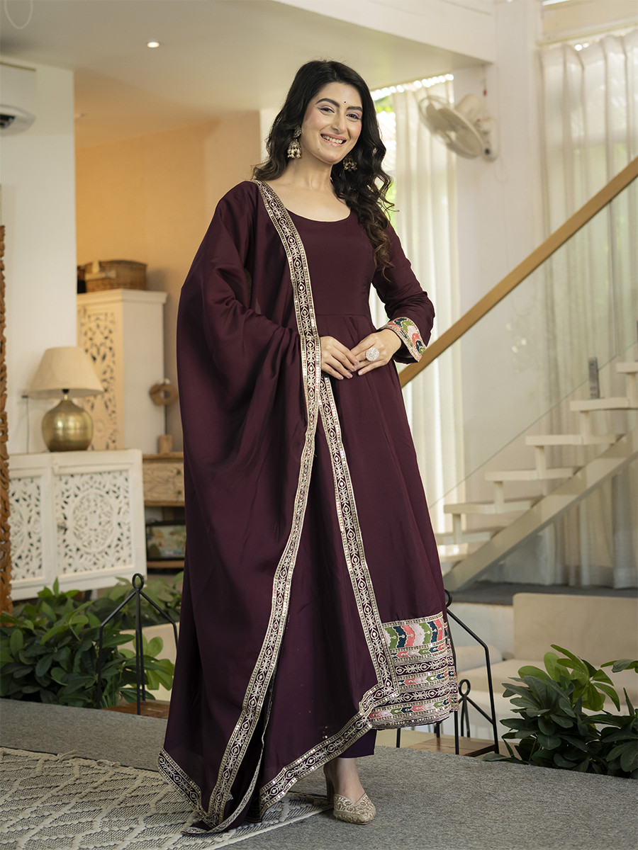 Burugundy Heavy Roman Silk Embroidery Sequins Wedding Party Festival Casual Ready Anarkali Pant Salwar Kameez