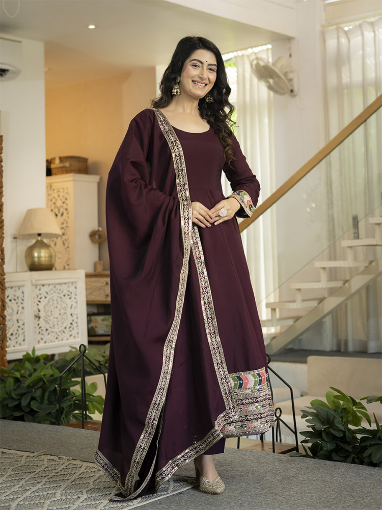 Image of Burugundy Heavy Roman Silk Embroidery Sequins Wedding Party Festival Casual Ready Anarkali Pant Salwar Kameez