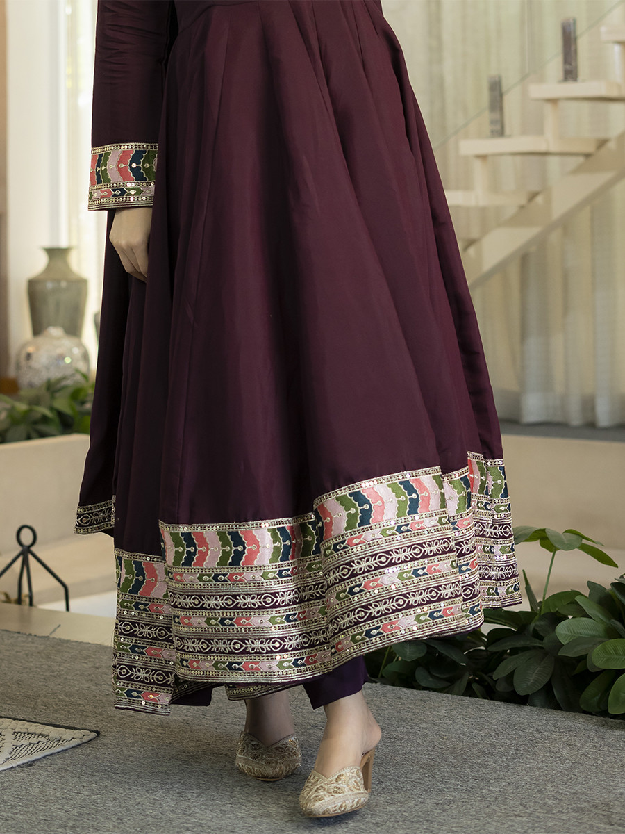Burugundy Heavy Roman Silk Embroidery Sequins Wedding Party Festival Casual Ready Anarkali Pant Salwar Kameez