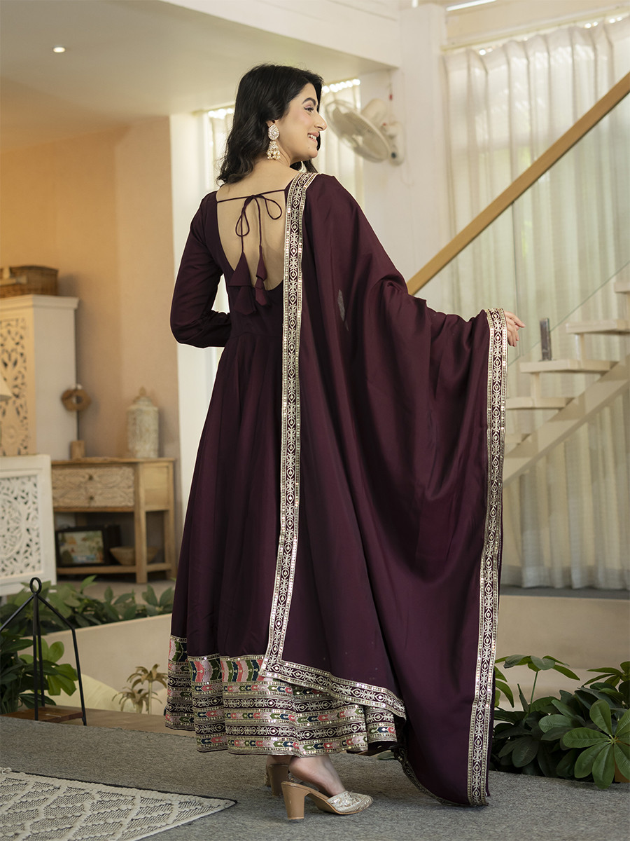 Burugundy Heavy Roman Silk Embroidery Sequins Wedding Party Festival Casual Ready Anarkali Pant Salwar Kameez