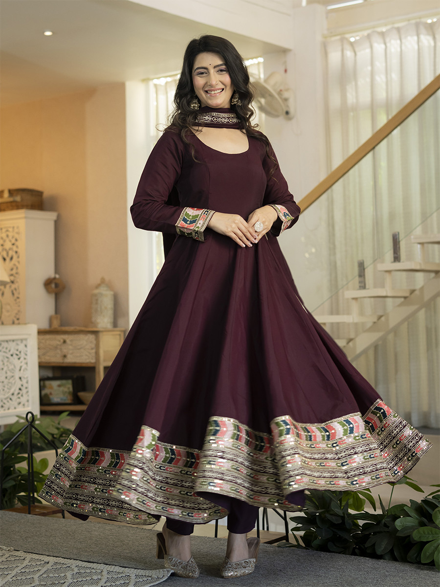 Burugundy Heavy Roman Silk Embroidery Sequins Wedding Party Festival Casual Ready Anarkali Pant Salwar Kameez