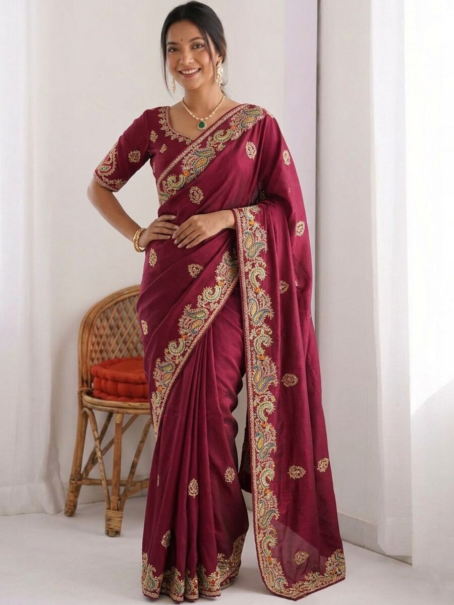 Burugundy Rangoli Silk Embroidery Piping Border Wedding Reception Party Festival Casual Heavy Border Sarees