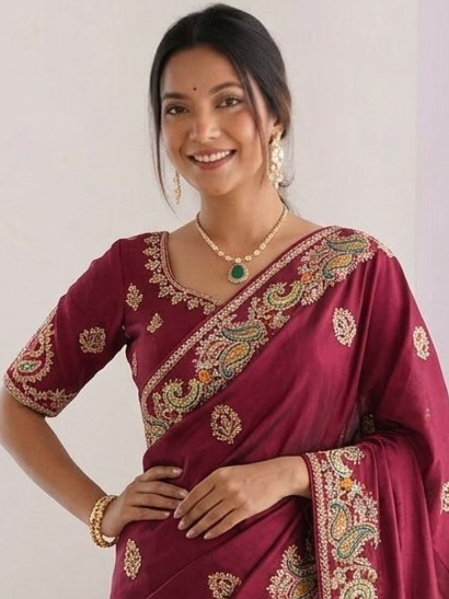 Burugundy Rangoli Silk Embroidery Piping Border Wedding Reception Party Festival Casual Heavy Border Sarees