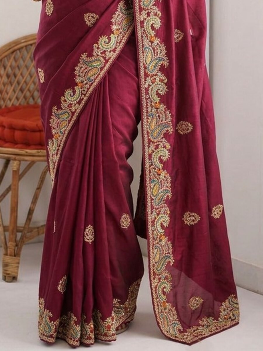 Burugundy Rangoli Silk Embroidery Piping Border Wedding Reception Party Festival Casual Heavy Border Sarees