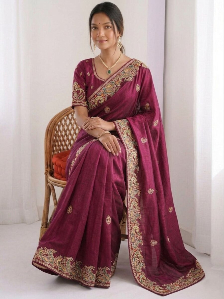 Burugundy Rangoli Silk Embroidery Piping Border Wedding Reception Party Festival Casual Heavy Border Sarees