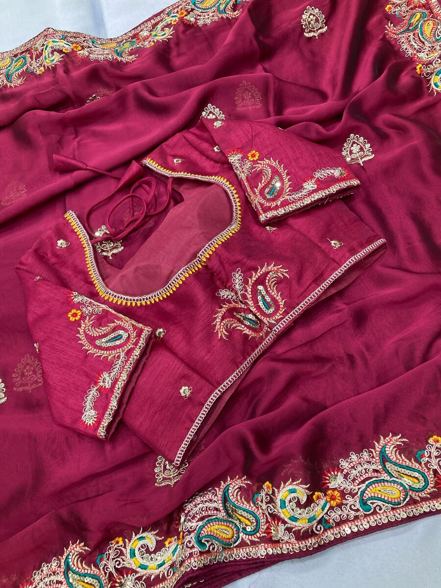 Burugundy Rangoli Silk Embroidery Piping Border Wedding Reception Party Festival Casual Heavy Border Sarees