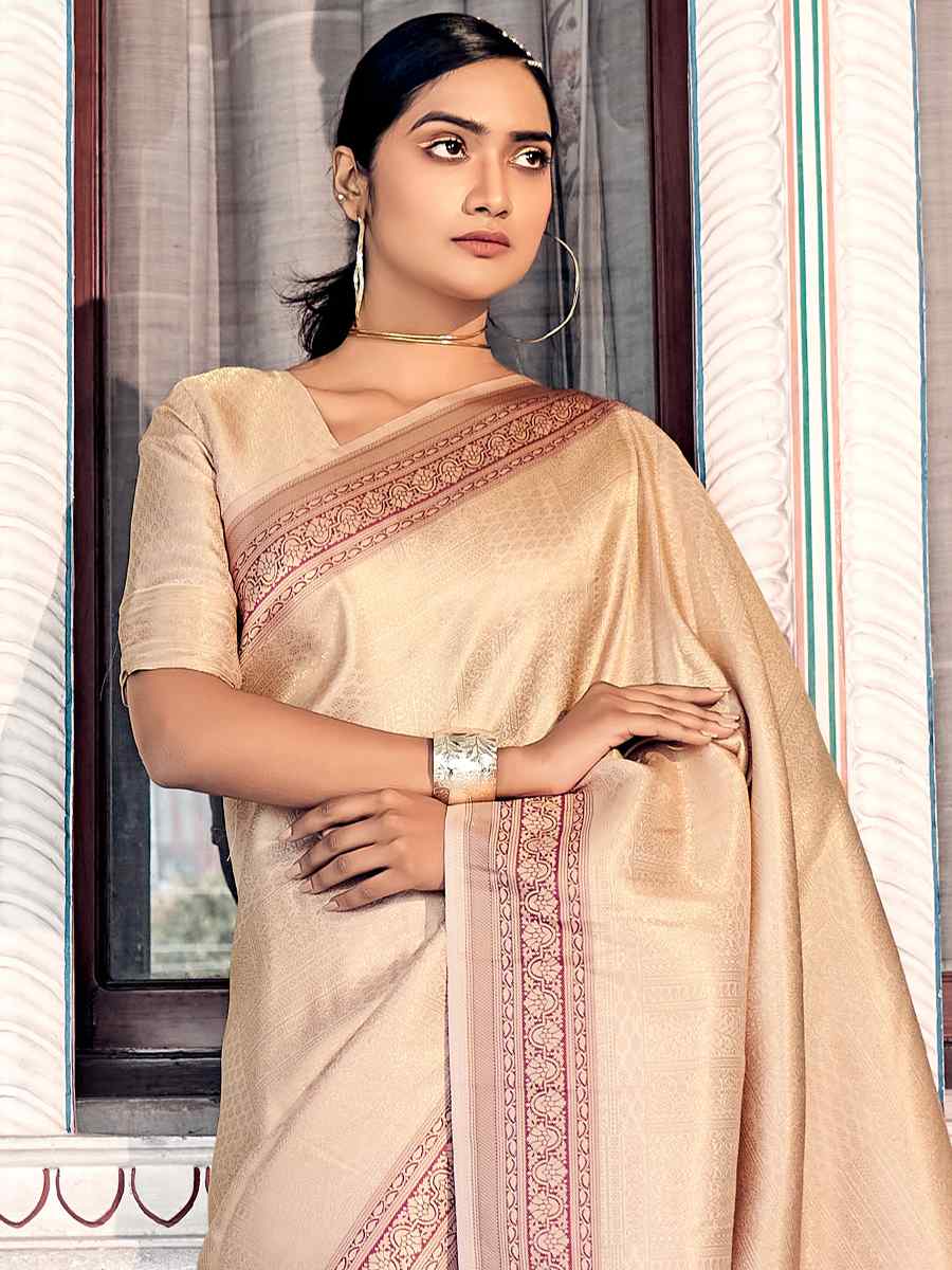 Buttermilk Cream Kanjivaram Silk Handwoven Casual Festival Heavy Border Saree