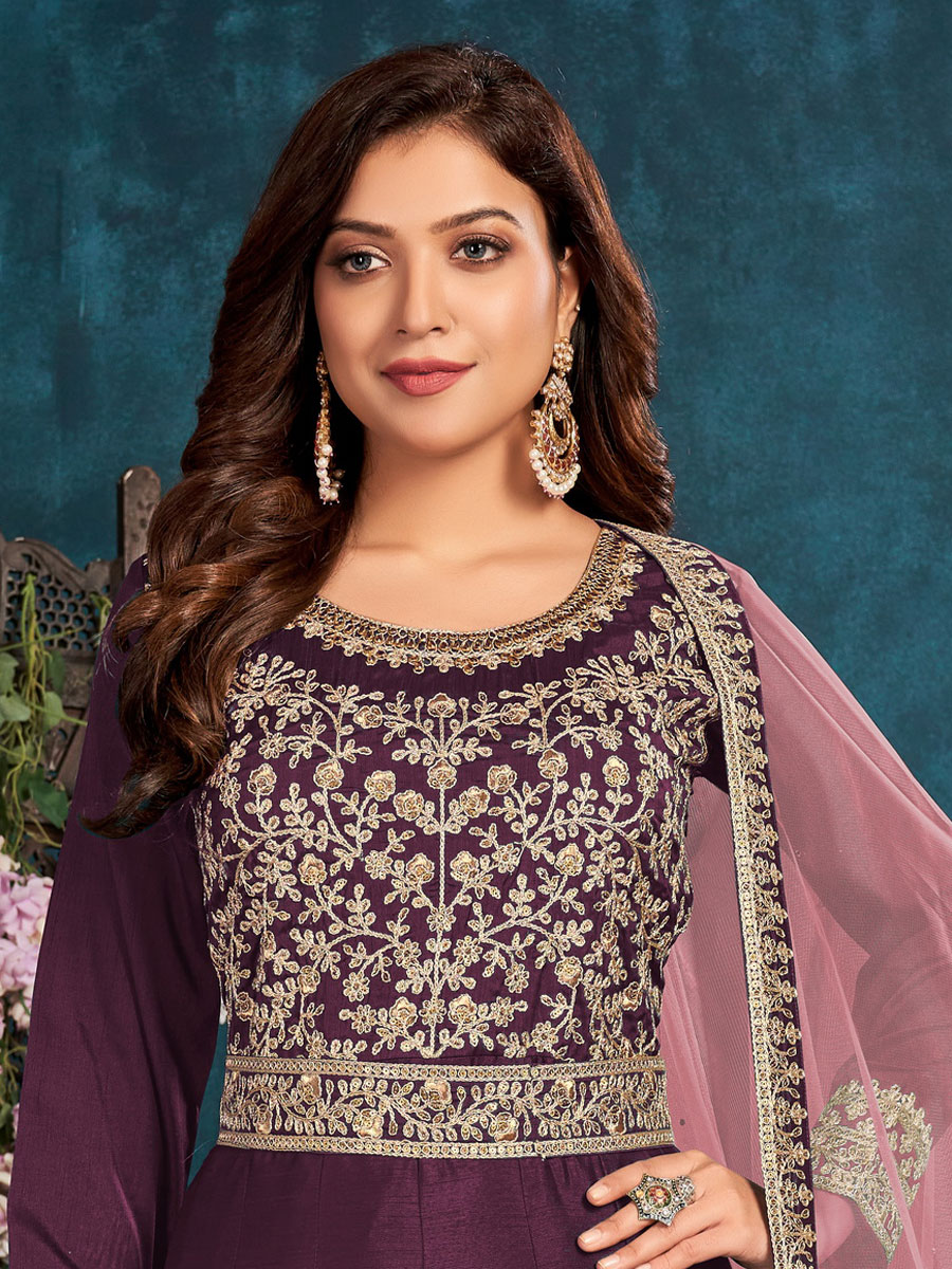 Byzantium Purple Art Silk Embroidered Party And Wedding Lawn Kameez