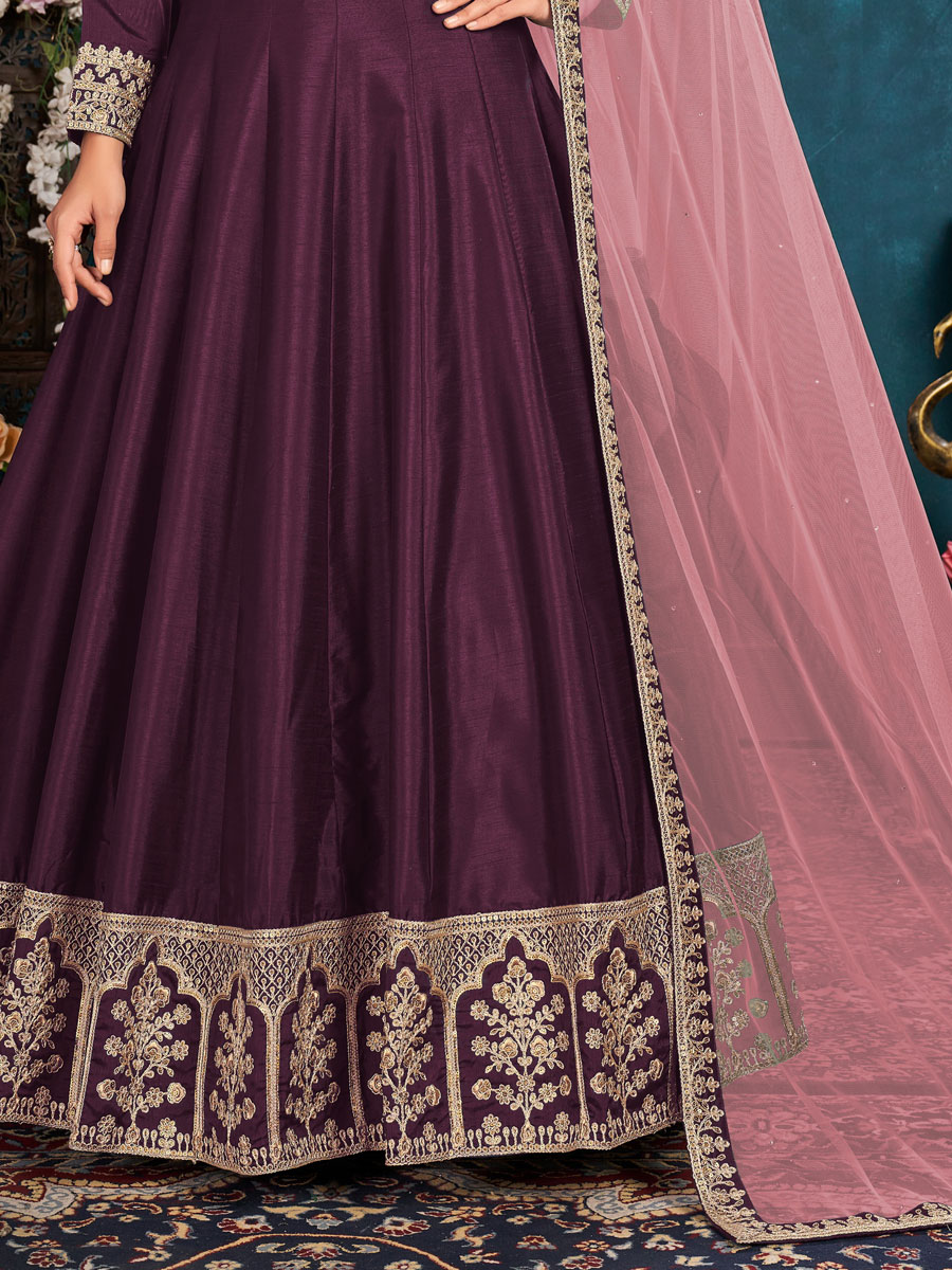 Byzantium Purple Art Silk Embroidered Party And Wedding Lawn Kameez