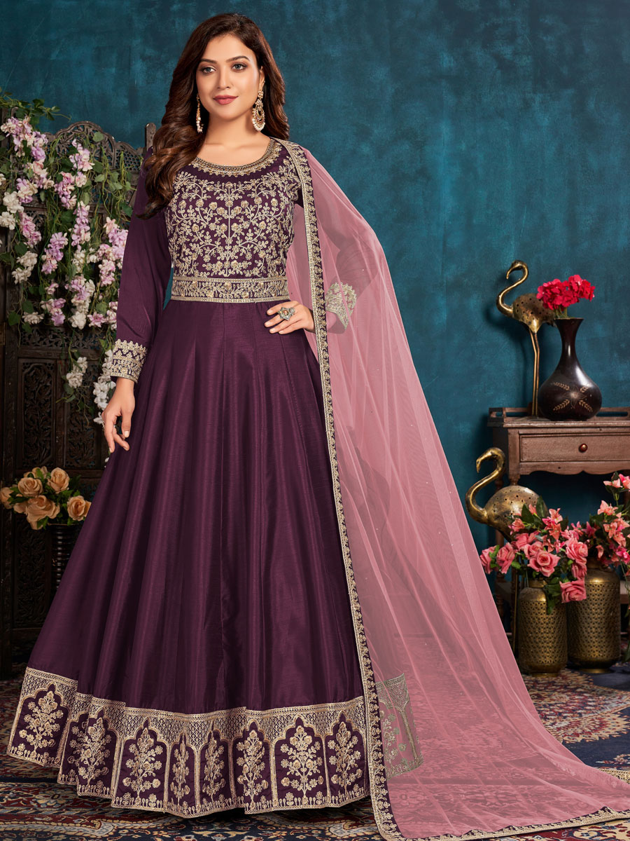 Byzantium Purple Art Silk Embroidered Party And Wedding Lawn Kameez