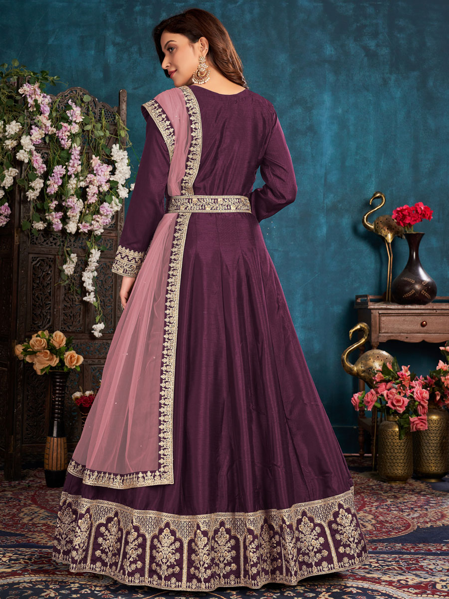 Byzantium Purple Art Silk Embroidered Party And Wedding Lawn Kameez