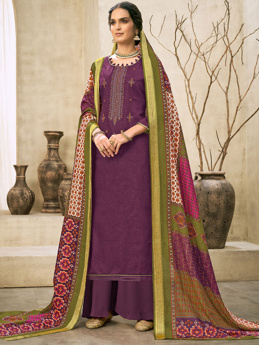 Byzantium Purple Cotton Embroidered Festival Palazzo Pant Kameez