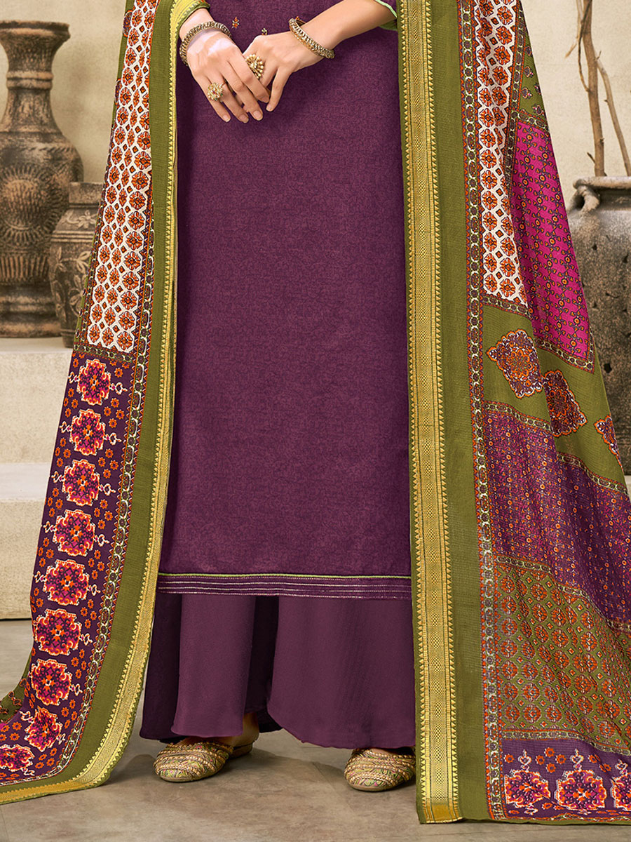 Byzantium Purple Cotton Embroidered Festival Palazzo Pant Kameez