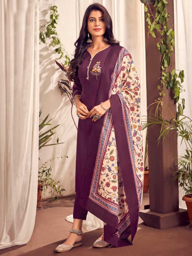 Byzantium Purple Cotton Embroidered Festival Pant Kameez
