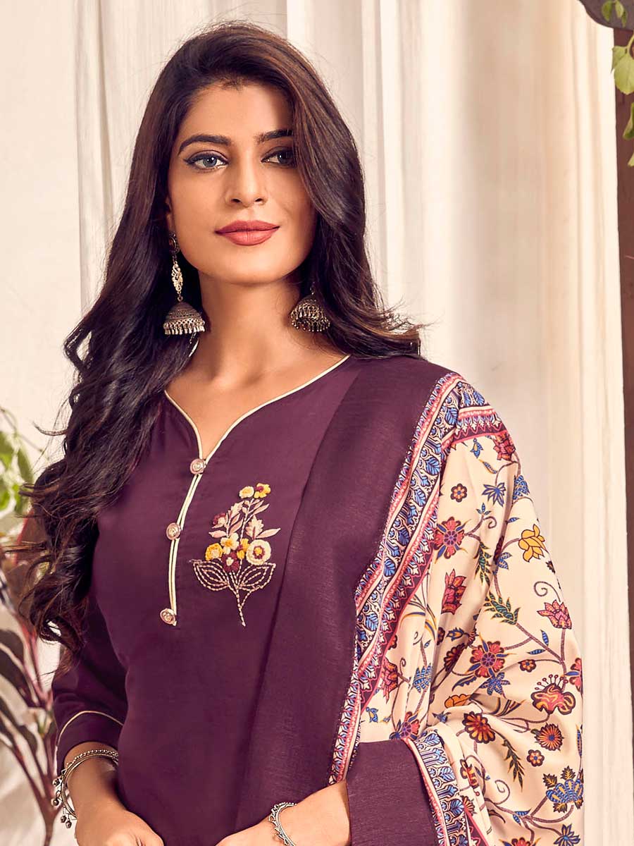 Byzantium Purple Cotton Embroidered Festival Pant Kameez