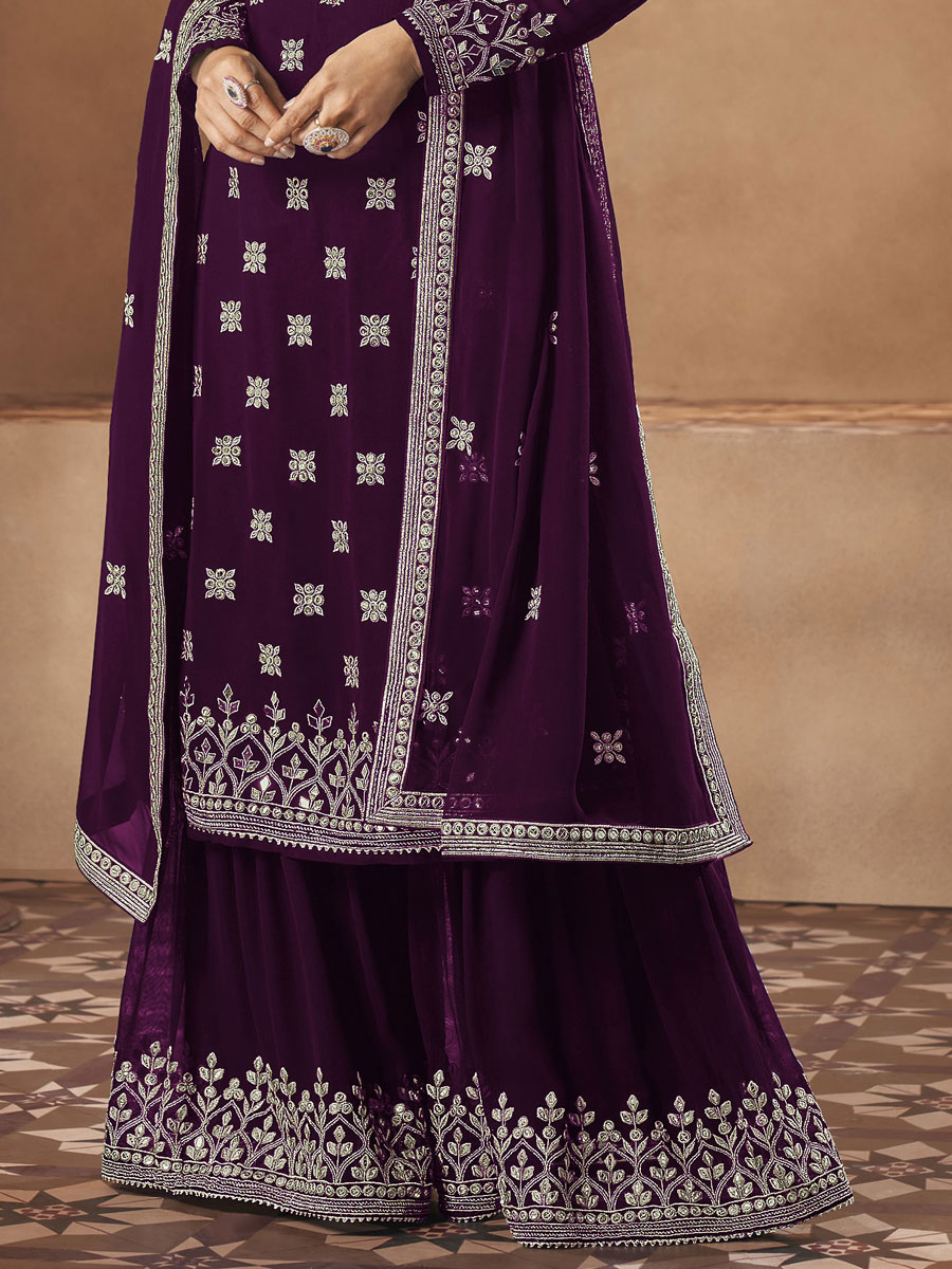 Byzantium Purple Faux Georgette Embroidered Festival Palazzo Pant Kameez