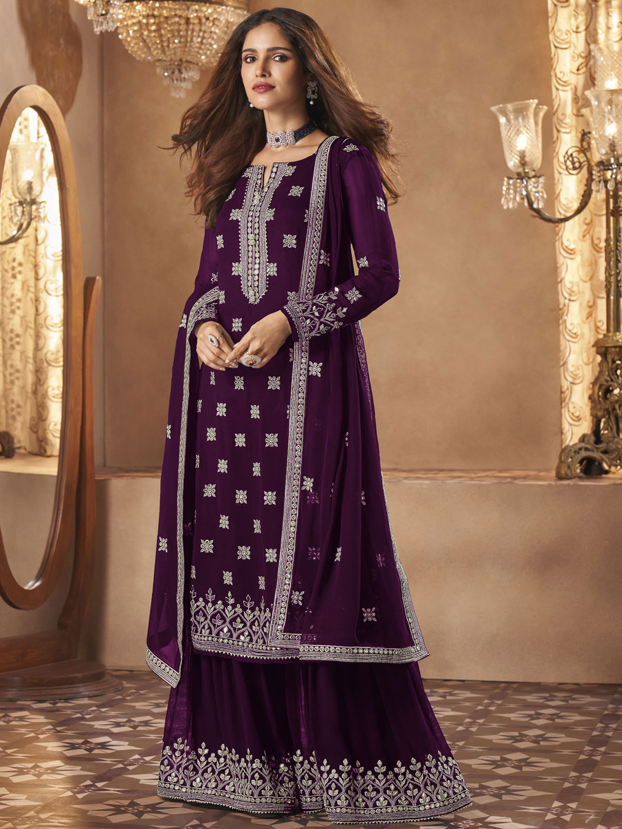Byzantium Purple Faux Georgette Embroidered Festival Palazzo Pant Kameez
