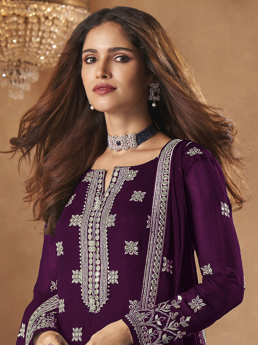 Byzantium Purple Faux Georgette Embroidered Festival Palazzo Pant Kameez